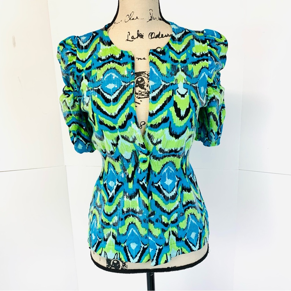 Vintage Y2K INC Women Size M Cardigan Fairy Sequin Ruched Short Sleeve Button